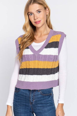 Sleevelesss V-neck Striped Cable Sweater Vest 