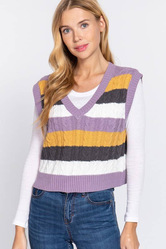 Sleevelesss V-neck Striped Cable Sweater Vest