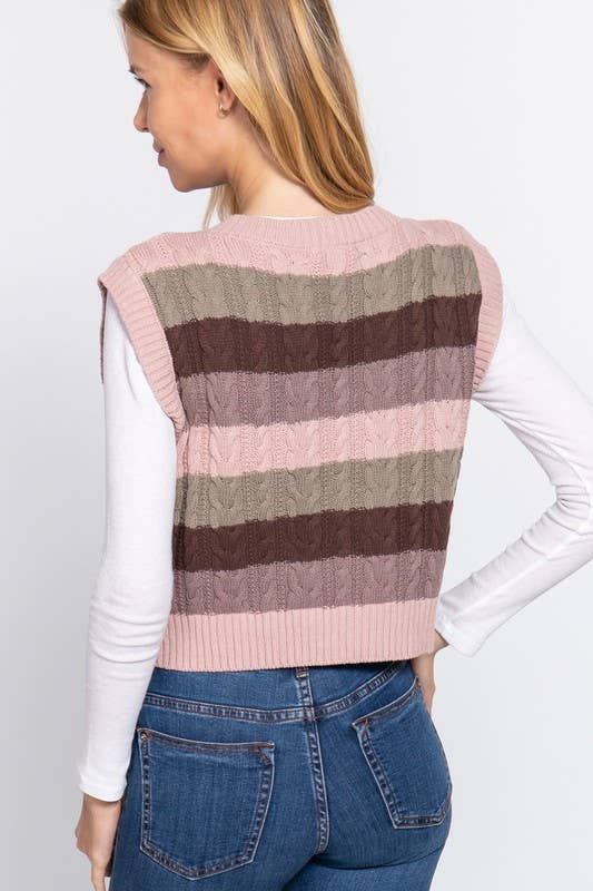 Sleevelesss V-neck Striped Cable Sweater Vest