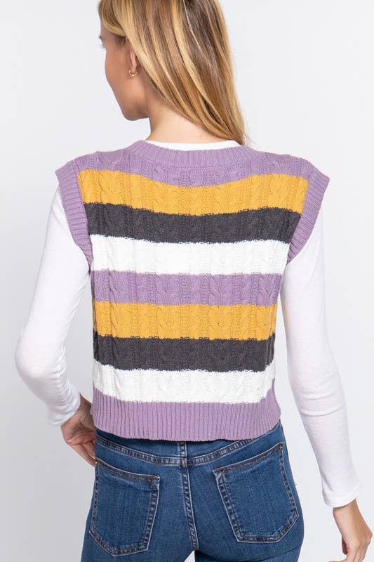 Sleevelesss V-neck Striped Cable Sweater Vest