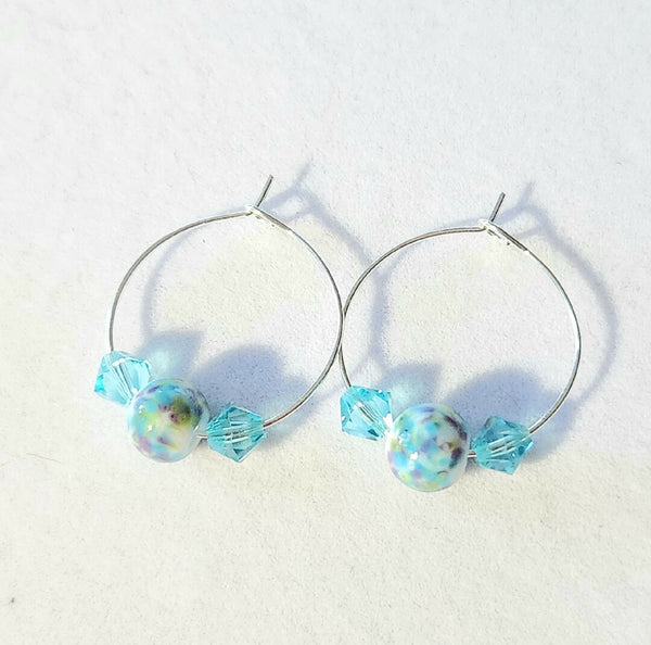 One Of A Kind! Lampwork Glass and Swarovski Crystal Hoop Earrings - Turquoise Breeze