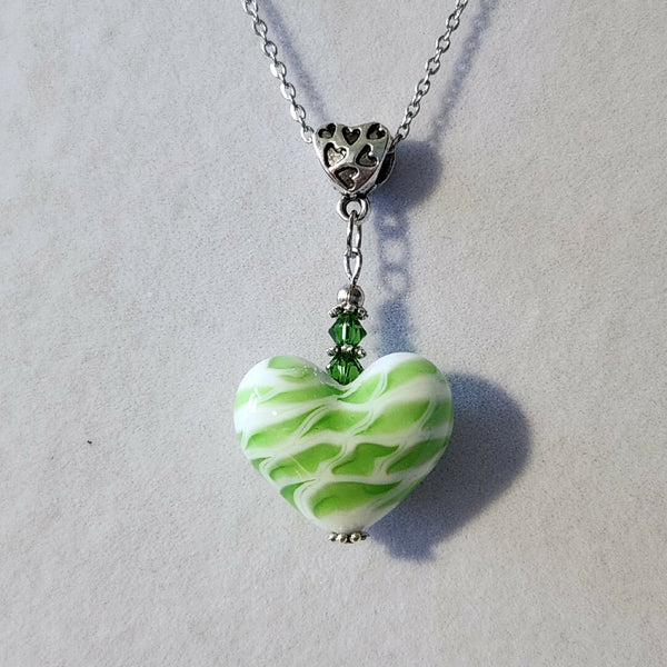 One of a kind! Lampwork Glass Heart Pendant with Swarovski Crystals - Green Ribbons (stainless steel)