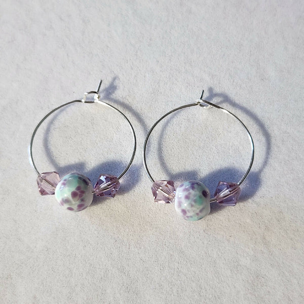 One Of A Kind! Lampwork Glass and Swarovski Crystal Hoop Earrings - Purple