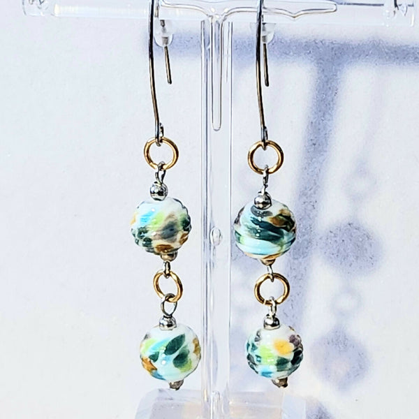 One Of A Kind! Lampwork Glass Earrings - Double Drops Golden Teal