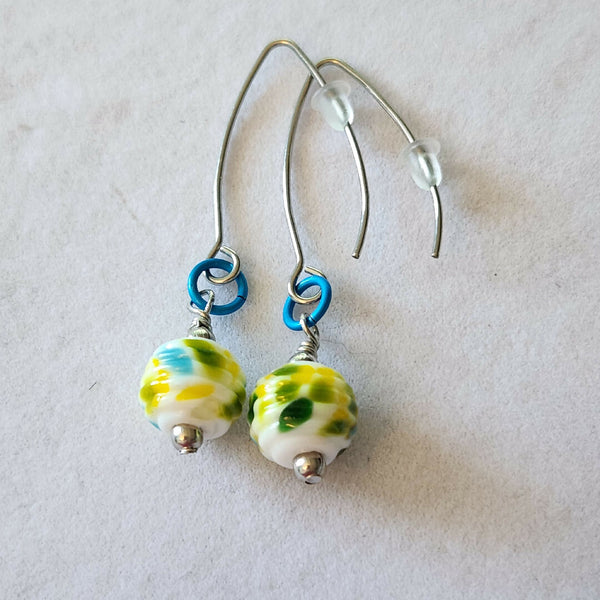 One Of A Kind! Lampwork Glass Earrings - Green and Yellow