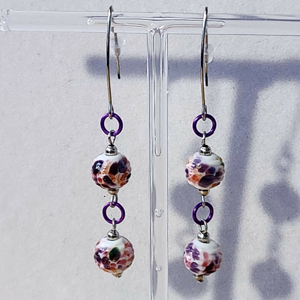 One Of A Kind! Lampwork Glass Earrings - Double Drops Purple