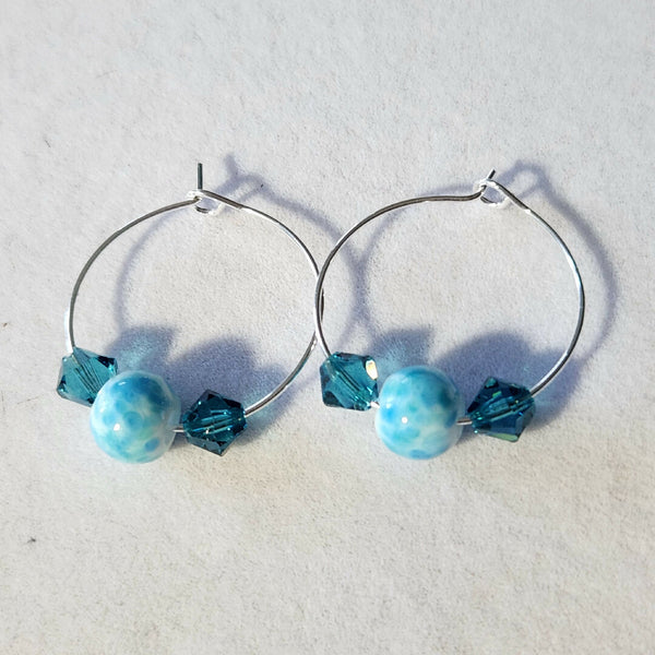 One Of A Kind! Lampwork Glass and Swarovski Crystal Hoop Earrings - Ocean Breeze Turquoise