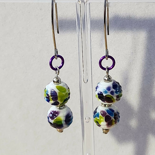 One Of A Kind! Lampwork Glass Earrings - Double Stacked Purple