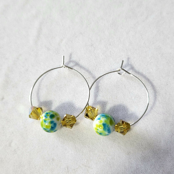 One Of A Kind! Lampwork Glass and Swarovski Crystal Hoop Earrings - Green and Yellow