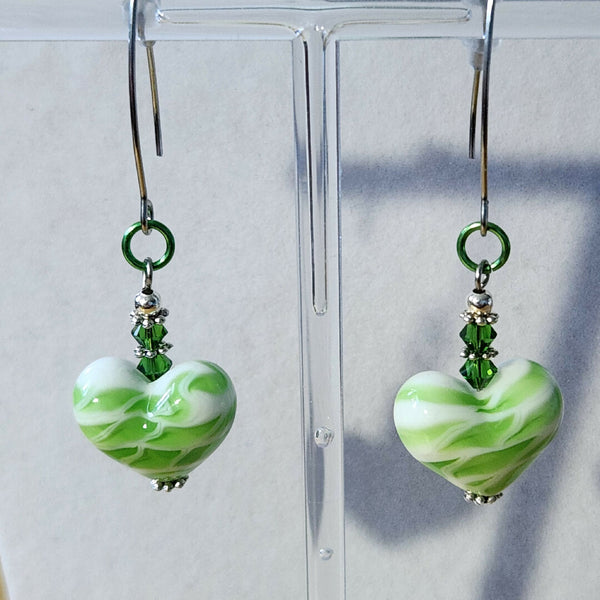 One of a kind! Lampwork Glass Heart Earrings - Green Ribbons