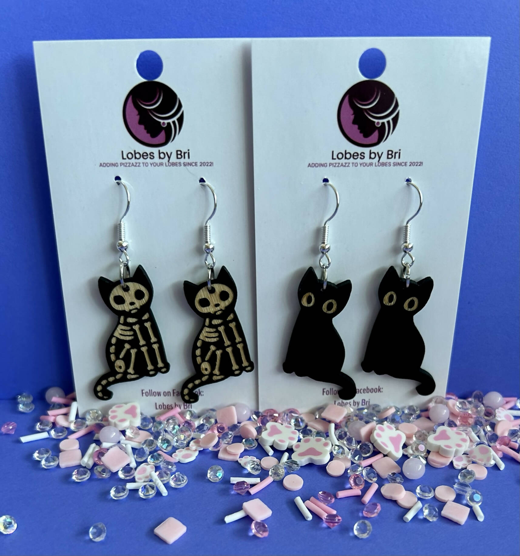 Bone-Jangles - Wooden Black & Skeleton Cat Dangle Earrings - Shop Motif