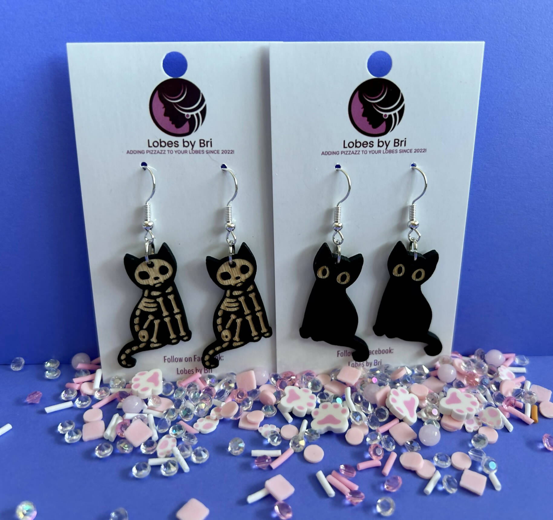 Bone-Jangles - Wooden Black & Skeleton Cat Dangle Earrings - Shop Motif