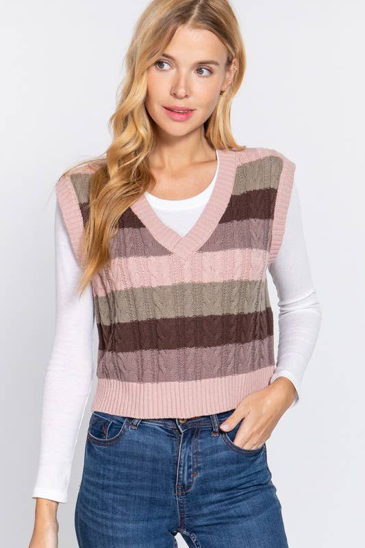 Sleevelesss V-neck Striped Cable Sweater Vest