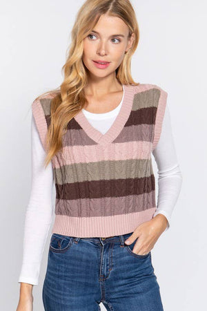 Sleevelesss V-neck Striped Cable Sweater Vest 