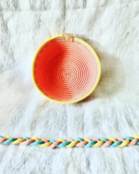 Coral Trinket Bowl with Yellow Trim