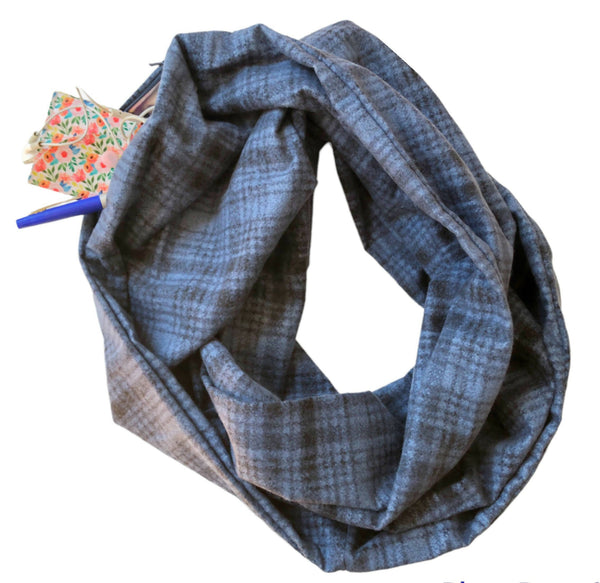 Dark Blue Flannel Infinity Scarf with Pocket