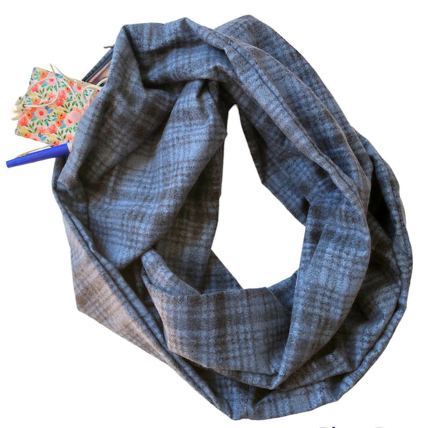 Dark Blue Flannel Infinity Scarf with Pocket - Shop Motif