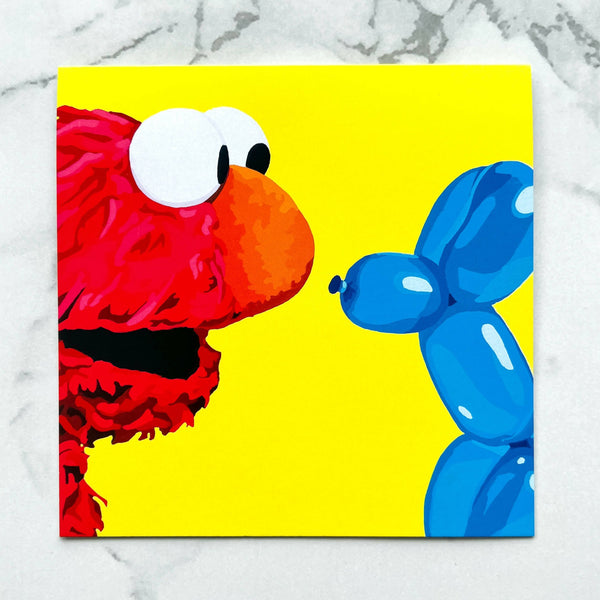 Elmo with balloon dog blank greeting card - Shop Motif