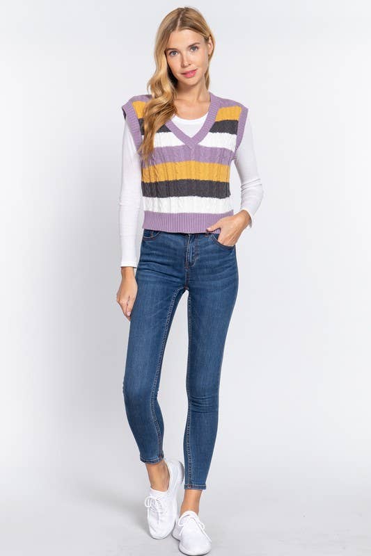 Sleevelesss V-neck Striped Cable Sweater Vest