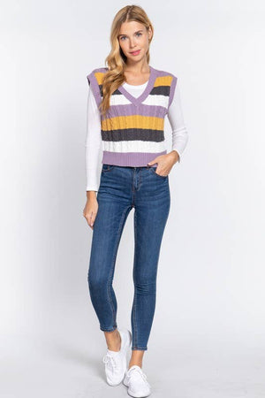 Sleevelesss V-neck Striped Cable Sweater Vest 