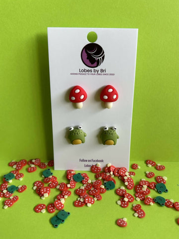 French Flies and a Diet Croak - Frog + Mushroom Stud Earrings - Shop Motif