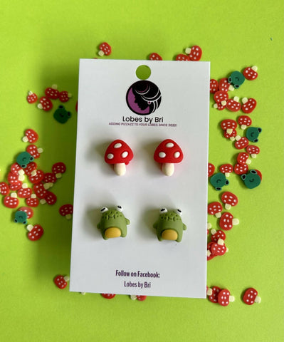 French Flies and a Diet Croak - Frog + Mushroom Stud Earrings - Shop Motif