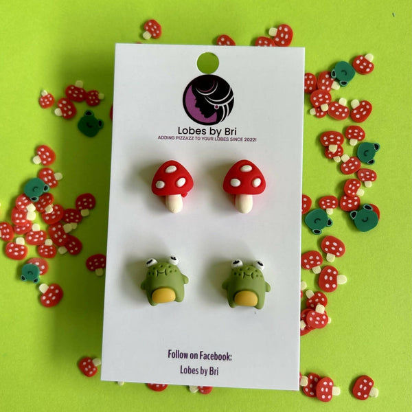 French Flies and a Diet Croak - Frog + Mushroom Stud Earrings - Shop Motif