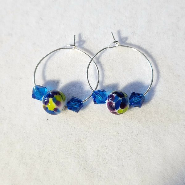 One Of A Kind! Lampwork Glass and Swarovski Crystal Hoop Earrings - Cobalt Blue