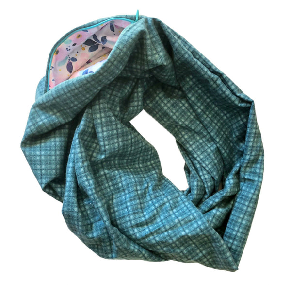 Green Flannel Infinity Scarf with Pocket