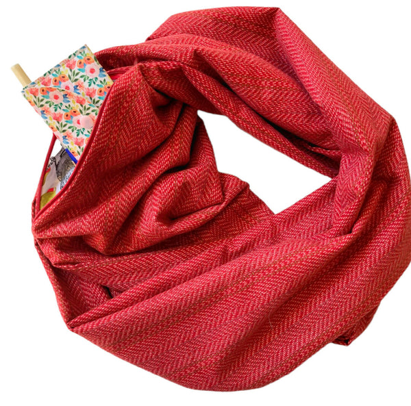 Red Herringbone Infinity Scarf With Pocket