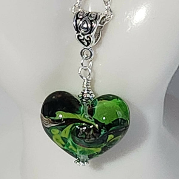 One of a kind! Lampwork Glass Heart Pendant - Green Swirl - Shop Motif