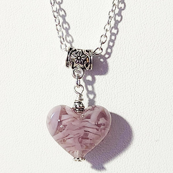 One of a kind! Lampwork Glass Heart Pendant - Pink Swirls - Shop Motif