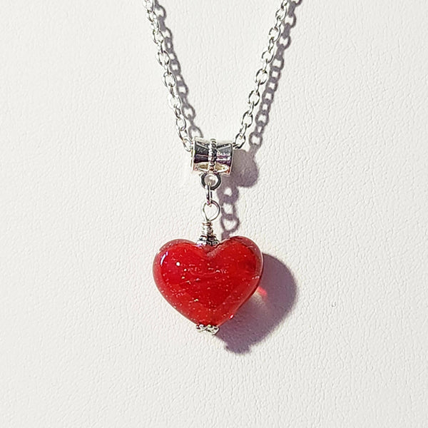 One of a kind! Lampwork Glass Heart Pendant - Red Sparkles - Shop Motif