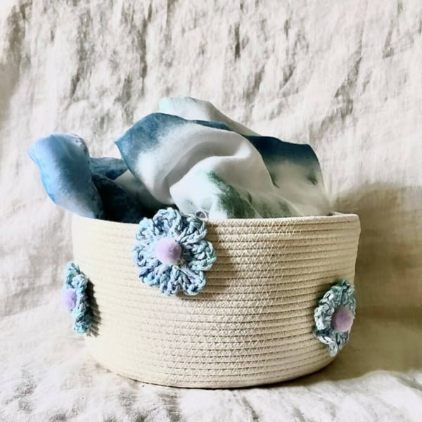 Rope Basket with Two Tone Blue Crochet Flowers