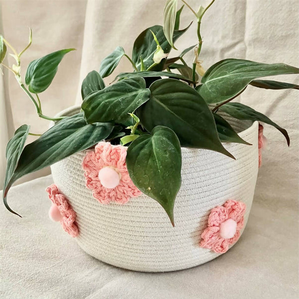 Rope Basket with Pink Crochet Flowers