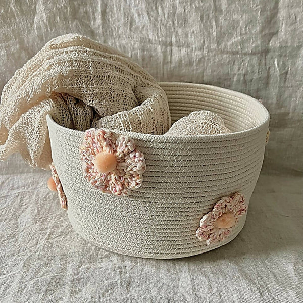 Rope Basket with Two Tone Pink Crochet Flowers