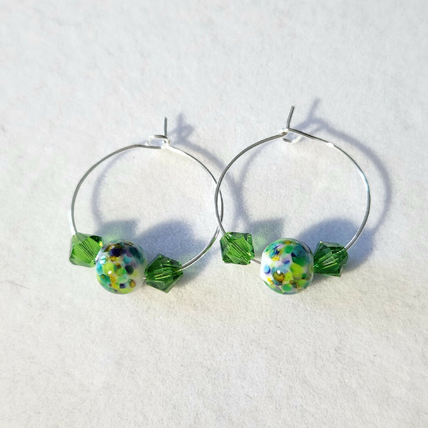 One Of A Kind! Lampwork Glass and Swarovski Crystal Hoop Earrings - Fern Green