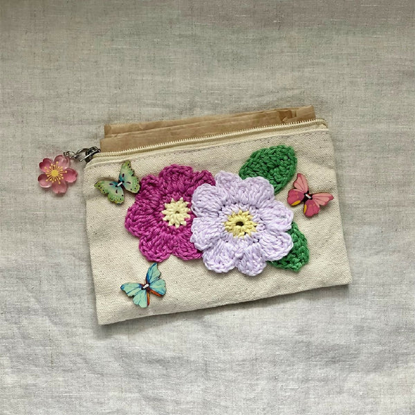 Canvas Zipper Pouch with Pink Crochet Flowers