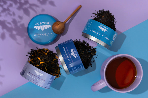 JusTea - Earl Grey Tea Trio Tin & Spoon -Organic, Fair-Trade Tea Gift