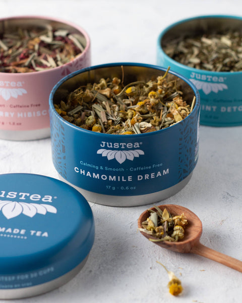 JusTea - Herbal Tea Trio Tin & Spoon - Organic, Fair-Trade Tea Gift